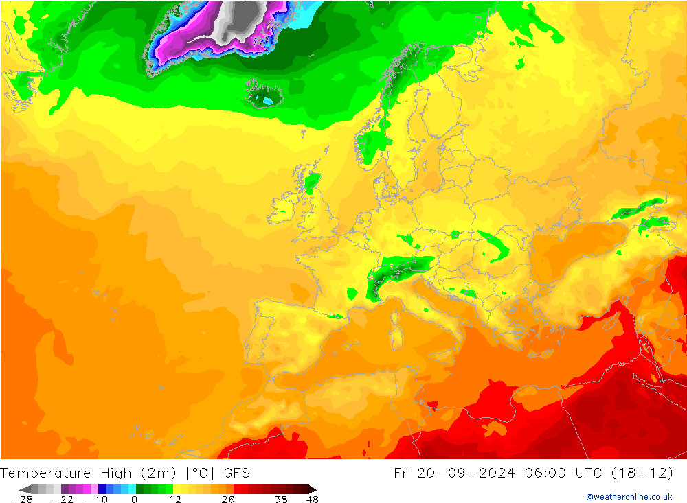 température 2m max GFS ven 20.09.2024 06 UTC