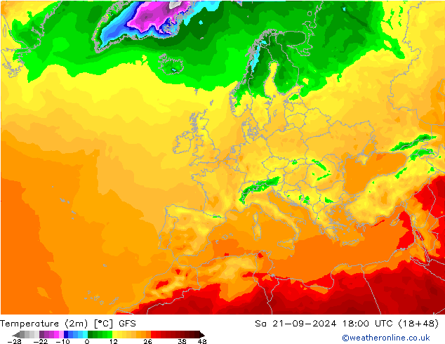 Temperaturkarte (2m) GFS Sa 21.09.2024 18 UTC