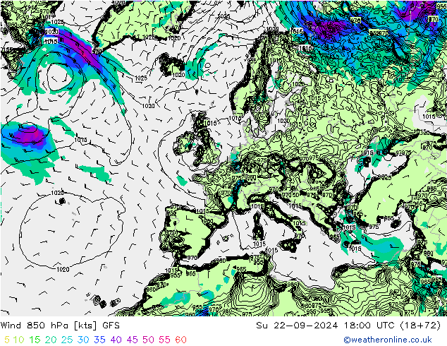 Wind 850 hPa GFS Su 22.09.2024 18 UTC