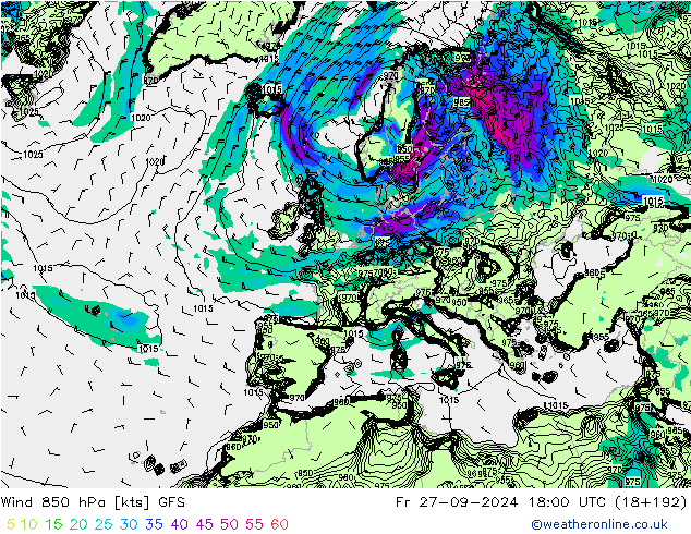 Wind 850 hPa GFS Pá 27.09.2024 18 UTC