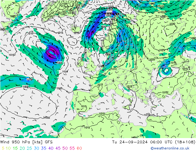 Vento 950 hPa GFS mar 24.09.2024 06 UTC