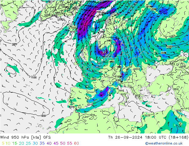 Vent 950 hPa GFS jeu 26.09.2024 18 UTC