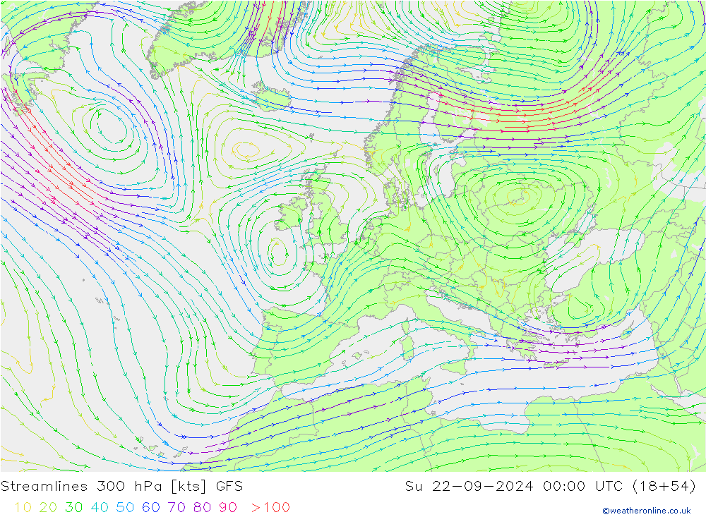 Linea di flusso 300 hPa GFS dom 22.09.2024 00 UTC