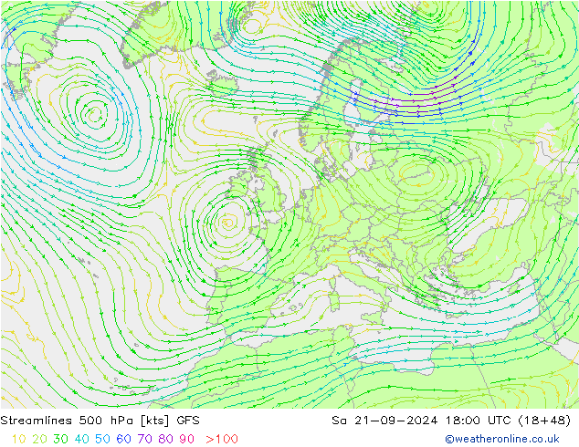 Streamlines 500 hPa GFS Sa 21.09.2024 18 UTC