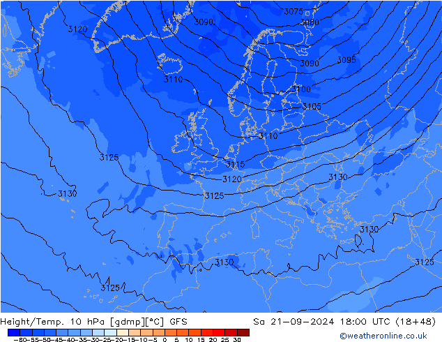 Height/Temp. 10 hPa GFS sab 21.09.2024 18 UTC