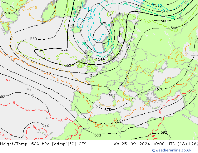 Z500/Rain (+SLP)/Z850 GFS We 25.09.2024 00 UTC