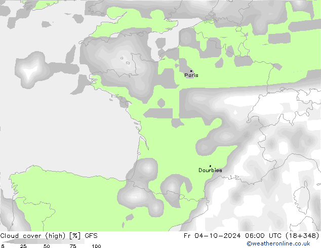 Cloud cover (high) GFS Fr 04.10.2024 06 UTC