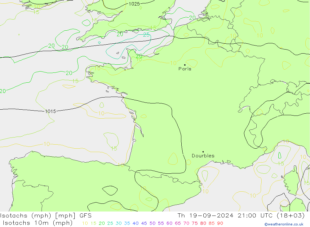 Isotachs (mph) GFS jeu 19.09.2024 21 UTC