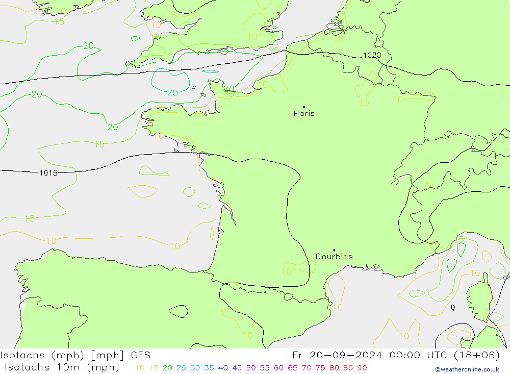 Isotachen (mph) GFS vr 20.09.2024 00 UTC