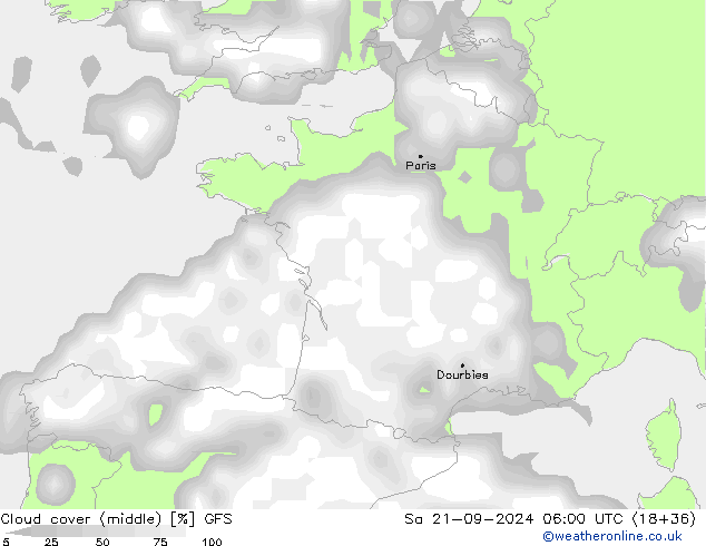 Cloud cover (middle) GFS Sa 21.09.2024 06 UTC