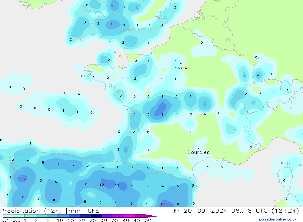 Nied. akkumuliert (12Std) GFS Fr 20.09.2024 18 UTC