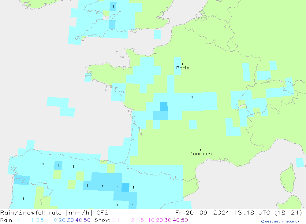 Rain/Snowfall rate GFS Fr 20.09.2024 18 UTC