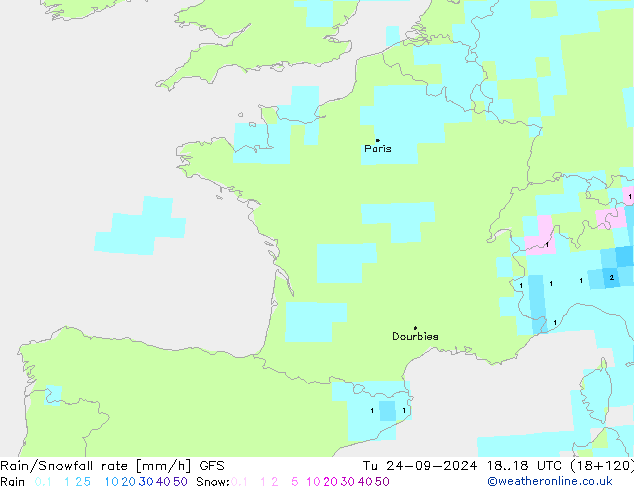 Rain/Snowfall rate GFS Út 24.09.2024 18 UTC