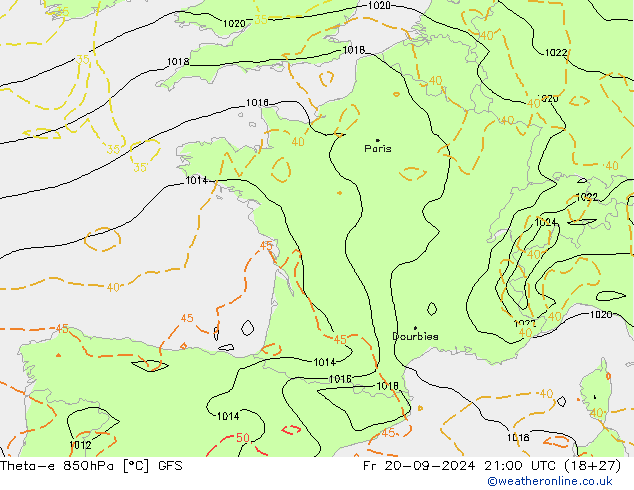 Theta-e 850hPa GFS Fr 20.09.2024 21 UTC