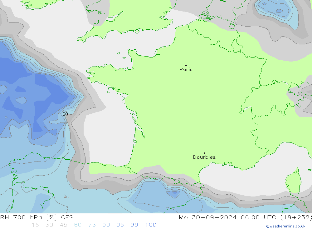 RH 700 hPa GFS pon. 30.09.2024 06 UTC