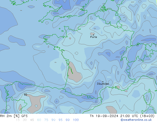 RH 2m GFS Th 19.09.2024 21 UTC