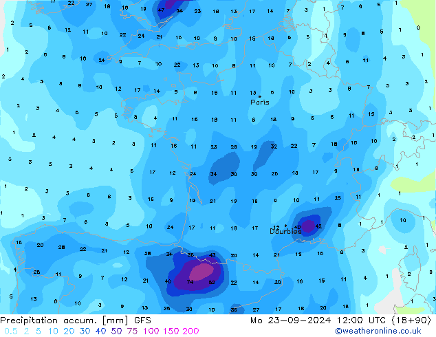 Précipitation accum. GFS lun 23.09.2024 12 UTC