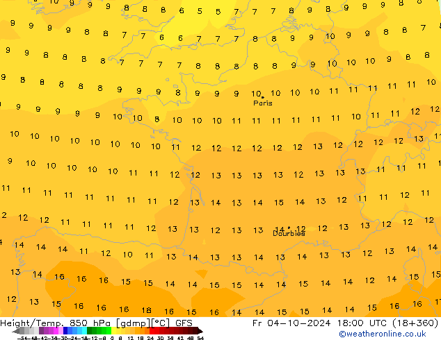Height/Temp. 850 hPa GFS Fr 04.10.2024 18 UTC