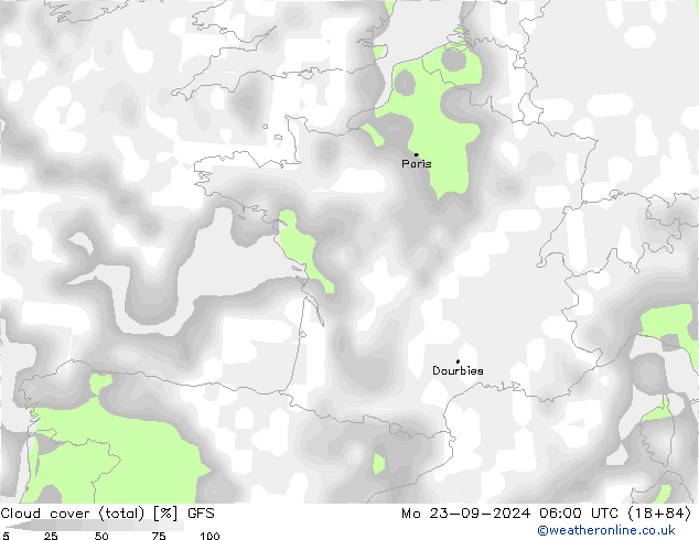 Cloud cover (total) GFS Mo 23.09.2024 06 UTC