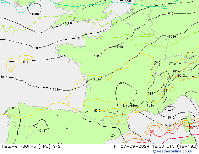 Theta-e 700hPa GFS ven 27.09.2024 18 UTC