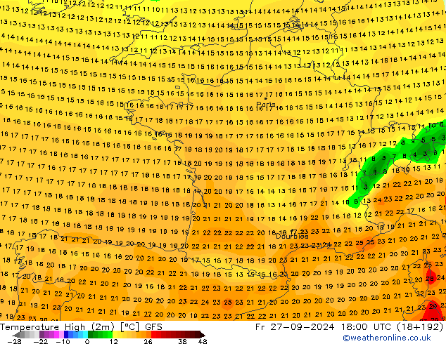 température 2m max GFS ven 27.09.2024 18 UTC