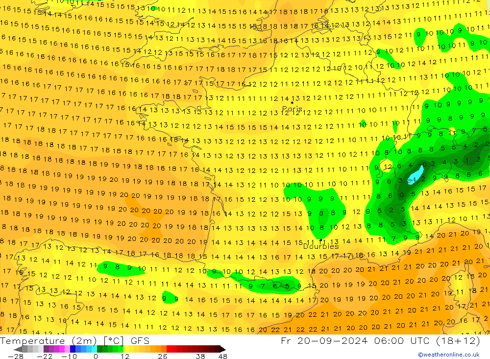 Temperaturkarte (2m) GFS Fr 20.09.2024 06 UTC