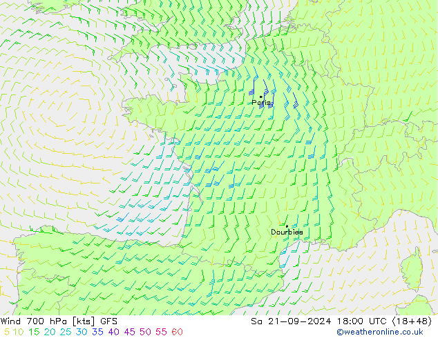 Wind 700 hPa GFS Sa 21.09.2024 18 UTC