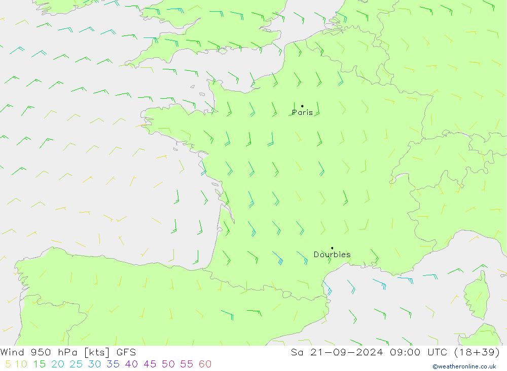 ветер 950 гПа GFS сб 21.09.2024 09 UTC
