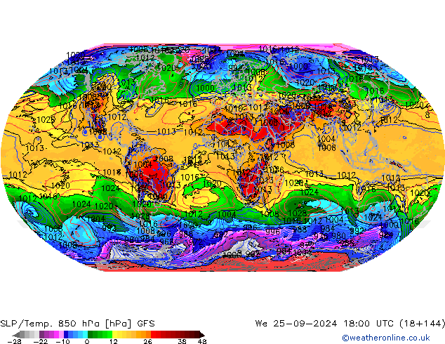 SLP/Temp. 850 hPa GFS We 25.09.2024 18 UTC