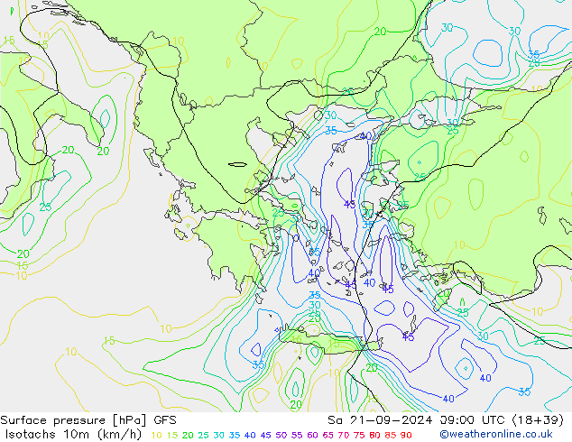 Isotachs (kph) GFS Sa 21.09.2024 09 UTC