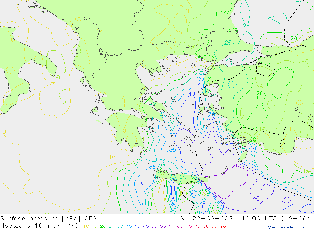 Isotachs (kph) GFS Su 22.09.2024 12 UTC