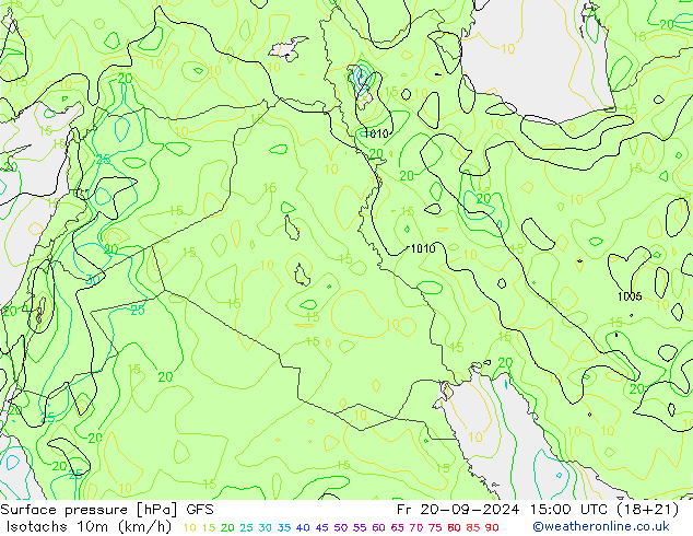 Isotachs (kph) GFS пт 20.09.2024 15 UTC