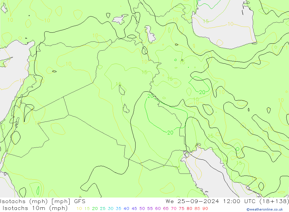 Eşrüzgar Hızları mph GFS Çar 25.09.2024 12 UTC