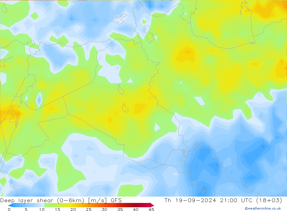 Deep layer shear (0-6km) GFS jeu 19.09.2024 21 UTC