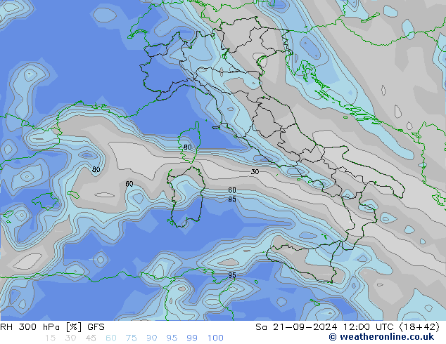 RH 300 hPa GFS Sa 21.09.2024 12 UTC