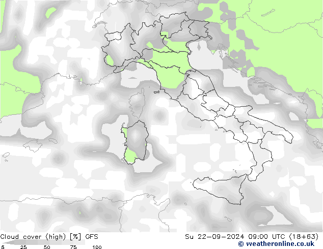 Cloud cover (high) GFS Su 22.09.2024 09 UTC