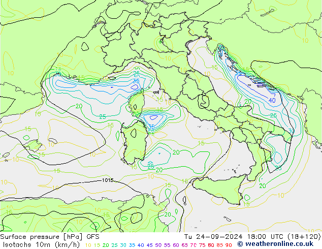 Isotachs (kph) GFS mar 24.09.2024 18 UTC