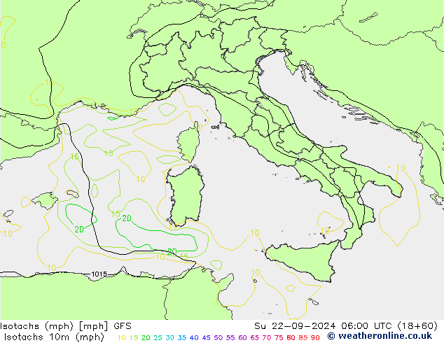 Isotachs (mph) GFS  22.09.2024 06 UTC