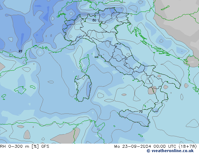 RH 0-300 m GFS Mo 23.09.2024 00 UTC