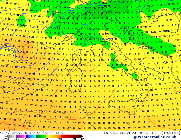 SLP/Temp. 850 гПа GFS чт 26.09.2024 06 UTC