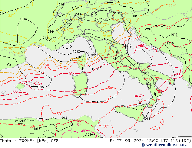 Theta-e 700hPa GFS vr 27.09.2024 18 UTC