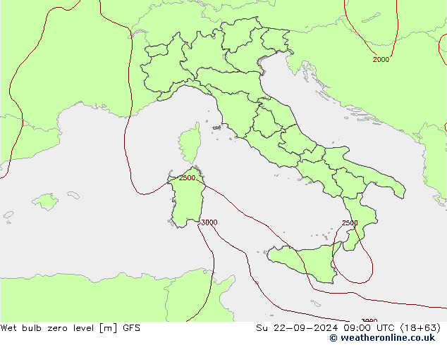 Wet bulb zero level GFS nie. 22.09.2024 09 UTC