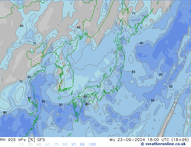 RH 925 hPa GFS lun 23.09.2024 18 UTC