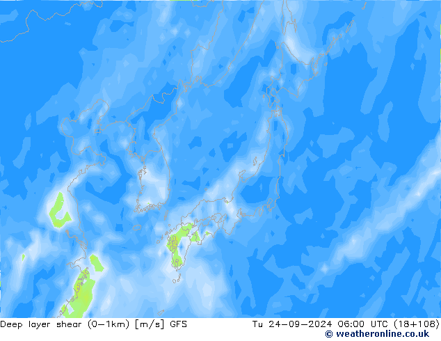 Deep layer shear (0-1km) GFS Tu 24.09.2024 06 UTC