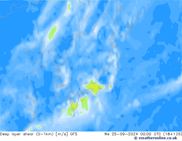 Deep layer shear (0-1km) GFS We 25.09.2024 00 UTC