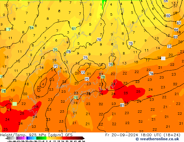 Height/Temp. 925 hPa GFS Pá 20.09.2024 18 UTC