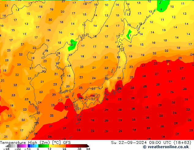 Temperatura máx. (2m) GFS dom 22.09.2024 09 UTC