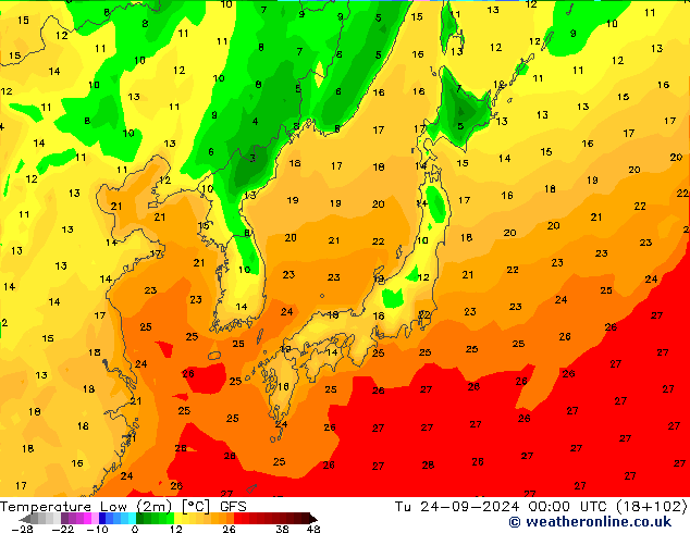 Min. Temperatura (2m) GFS wto. 24.09.2024 00 UTC