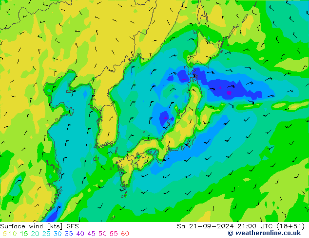 Surface wind GFS So 21.09.2024 21 UTC