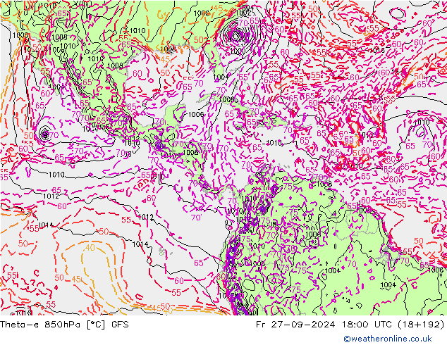 Theta-e 850hPa GFS ven 27.09.2024 18 UTC